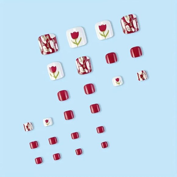 Nails Press On Toenails 24 Tulips Glitter Short Stylish Trendy Fake Flowers Glam - Picture 3 of 5